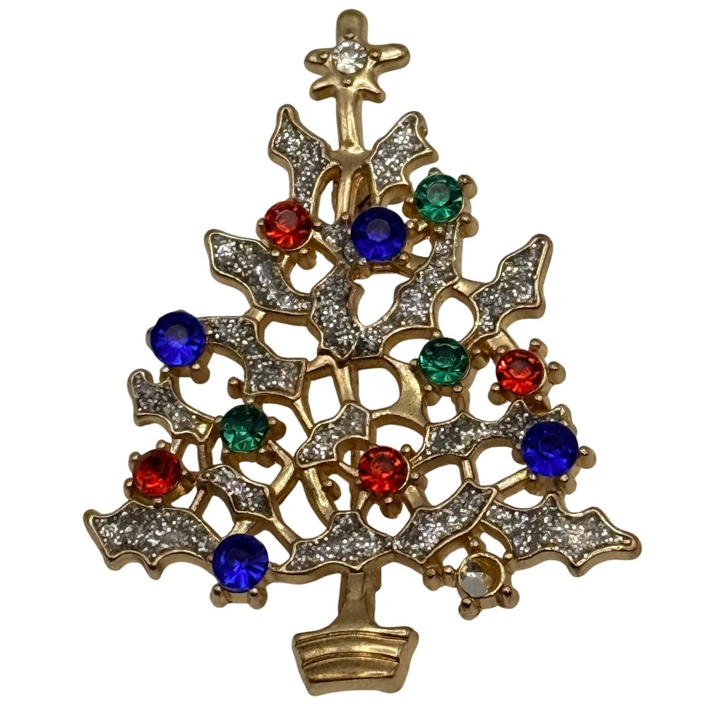 Vintage Christmas Tree Brooch Gold Tone Rhinestone Holiday Pin Red Blue Green